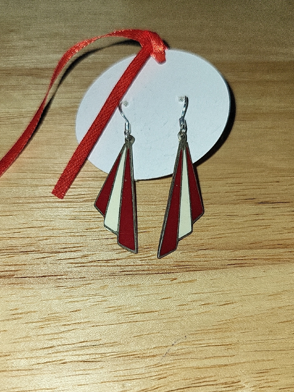 Genuine Sterling Silver Stylish Red and Cream Geometric Drop Earrings